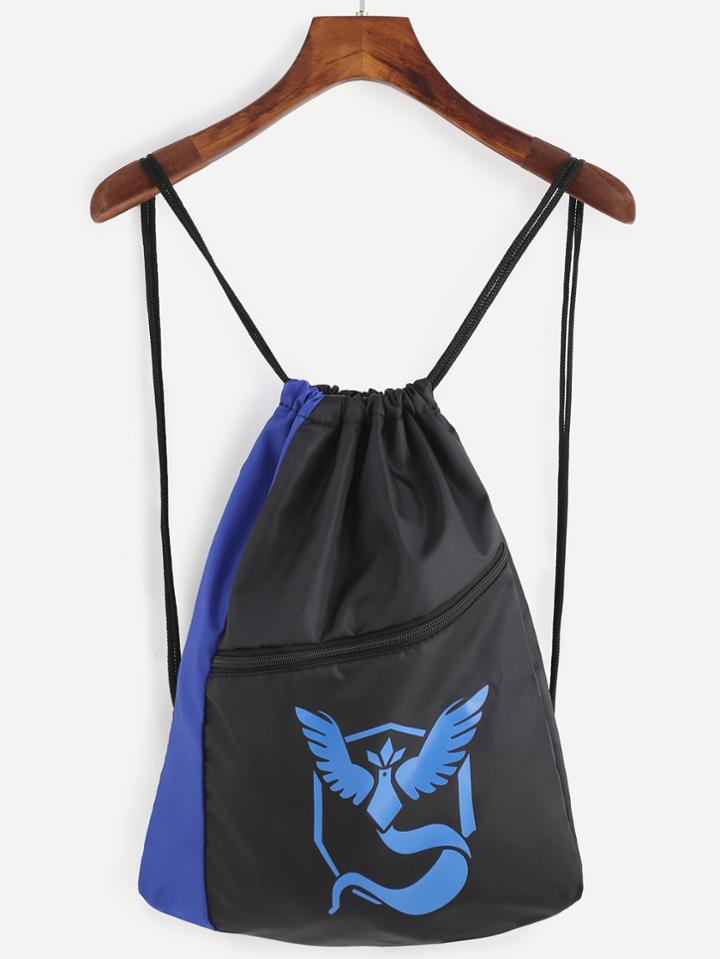 Romwe Blue And Black Logo Print Drawstring Nylon Bucket Bag