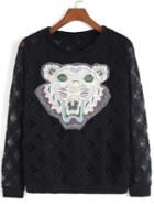 Romwe Round Neck Tiger Embroidered Sweatshirt