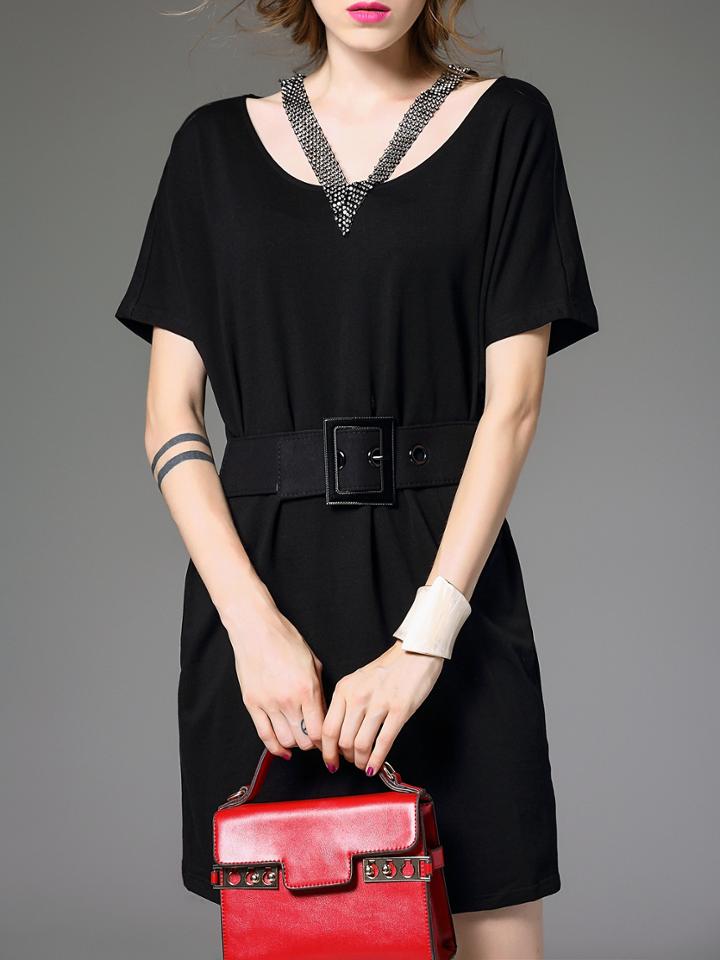 Romwe Black Halter Beading Elastic-waist Belted Dress