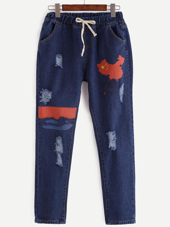 Romwe Dark Blue Map Of China Print Ripped Drawstring Jeans