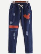 Romwe Dark Blue Map Of China Print Ripped Drawstring Jeans