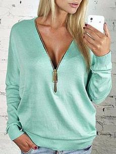 Romwe V Neck Zipper Green T-shirt