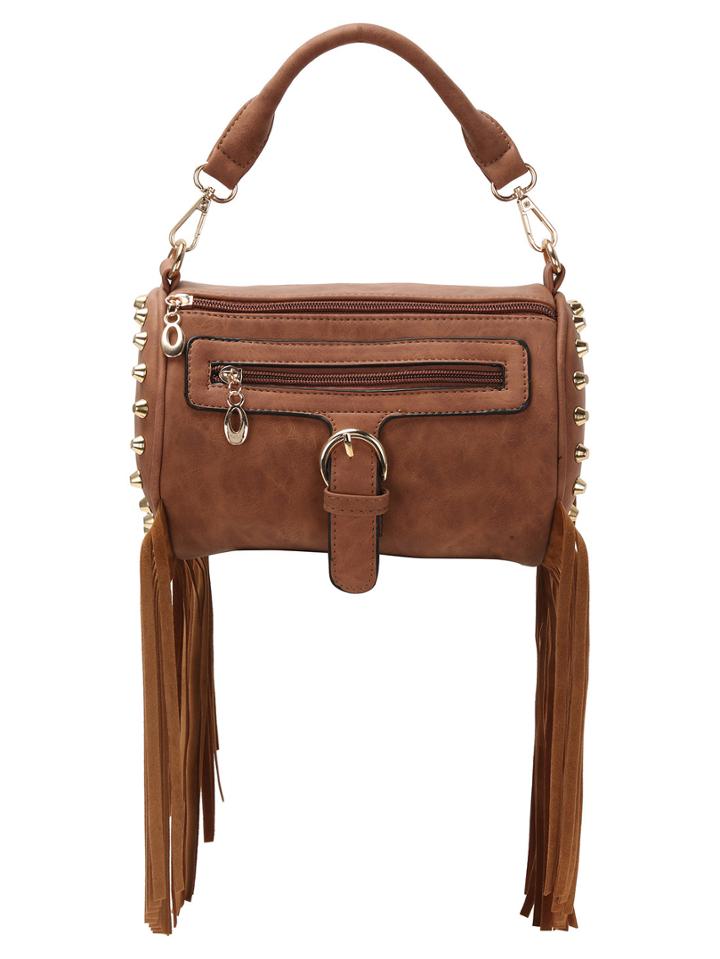 Romwe Brown Zipper Fringe Studded Belt Buckle Bag