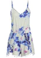 Romwe Spaghetti Strap Flower Print Embellished Romper