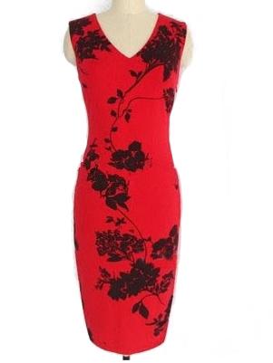 Romwe V Neck Flower Print Pencil Red Dress