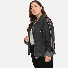 Romwe Plus Letter Ribbon Raw Hem Denim Jacket