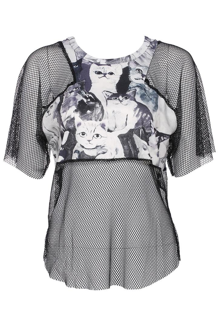 Romwe Romwe Cat Print Hollow Black Short-sleeved T-shirt