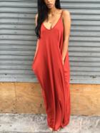 Romwe Scoop Neck Side Pocket Loose-fit Maxi Dress - Red