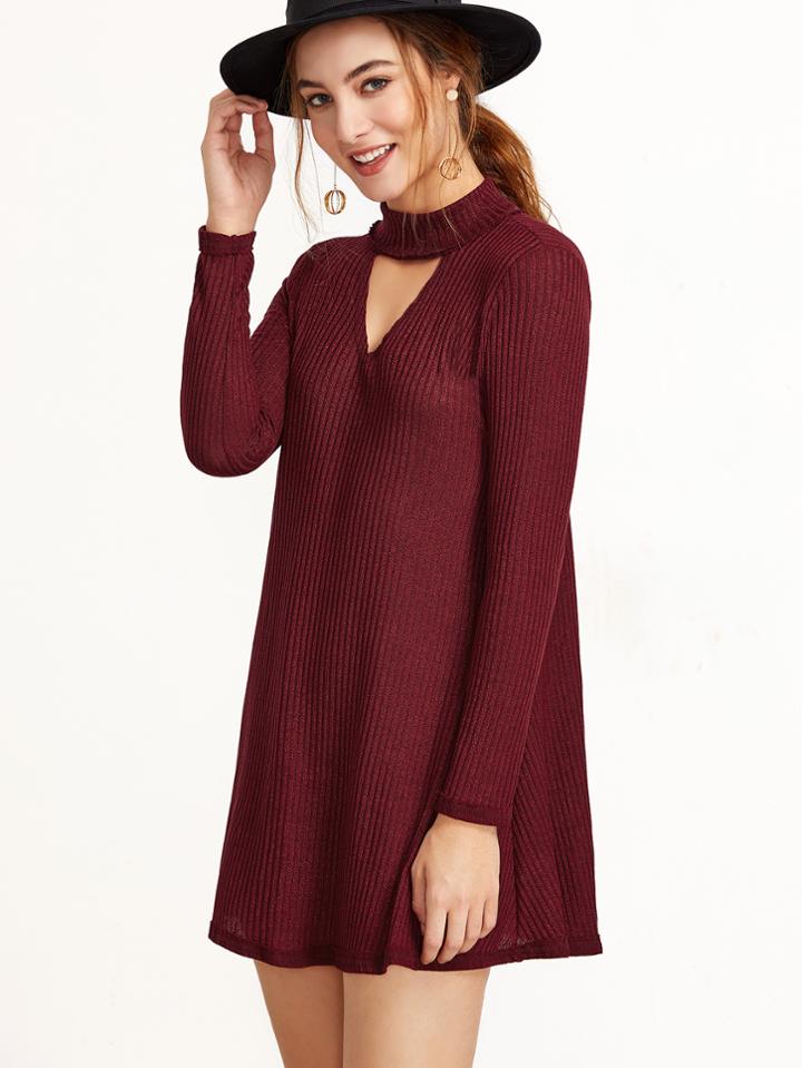 Romwe Burgundy Mock Neck Cut Out Ribbed Dress
