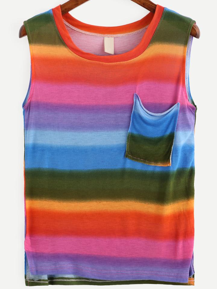 Romwe Multicolor Rainbow Print Sleeveless Top With Pocket