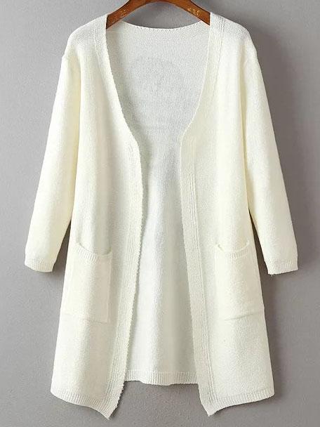 Romwe Beige Portrait Print Pocket Longline Cardigan