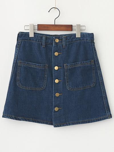 Romwe Blue Buttoned Dual Pocket Front Denim Skirt