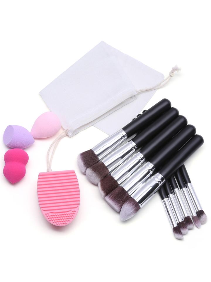 Romwe Sponge Cleaner Brush Set And 10pcs Makeup Brushes With Bag