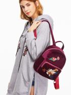 Romwe Maroon Bird Embroidered Pocket Front Velvet Backpack
