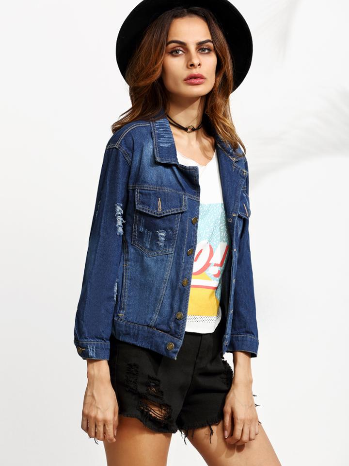 Romwe Blue Ripped Pockets Denim Jacket