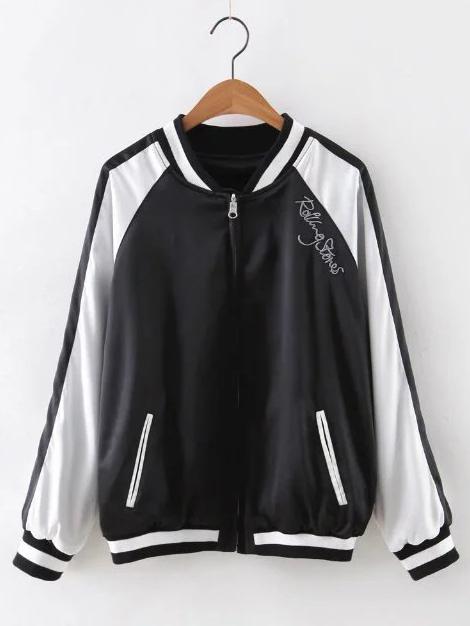 Romwe Black Crew Neck Embroidery Zipper Convertible Jacket
