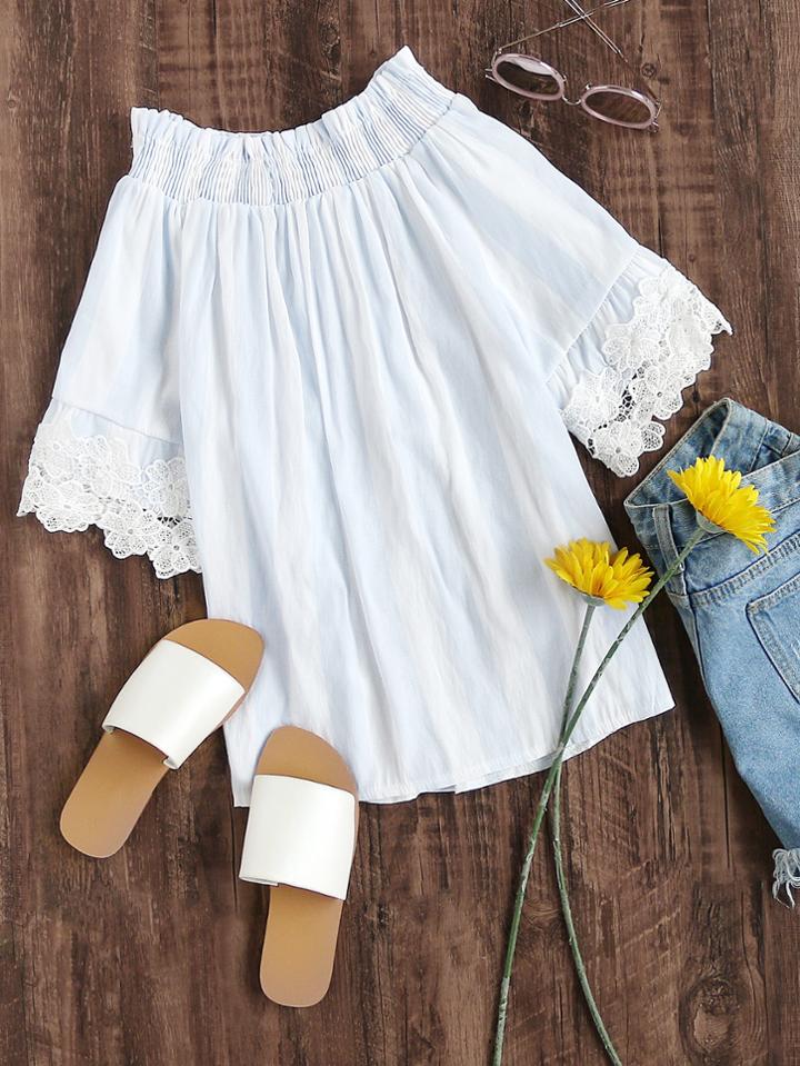Romwe Shirred Neckline Wide Stripe Lace Cuff Blouse