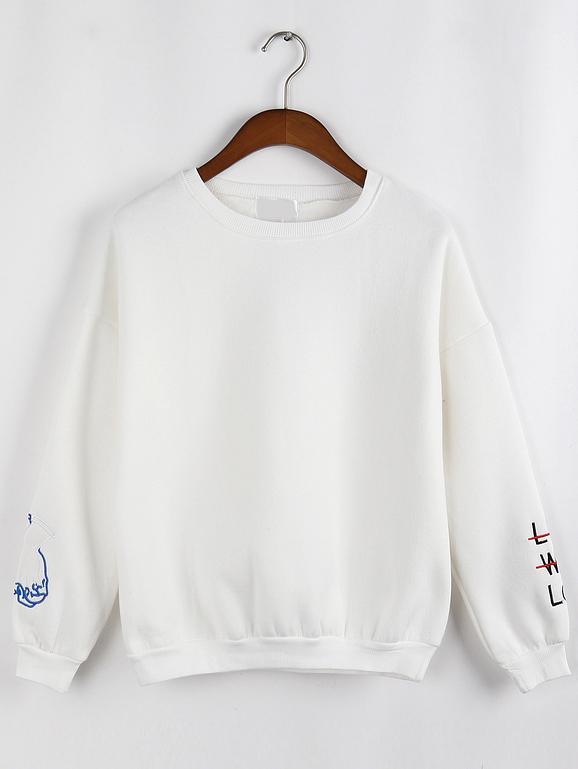 Romwe Women Letter Embroidered White Sweatshirt
