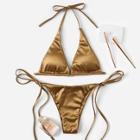 Romwe Metallic Halter Top With Tie Side Bikini Set