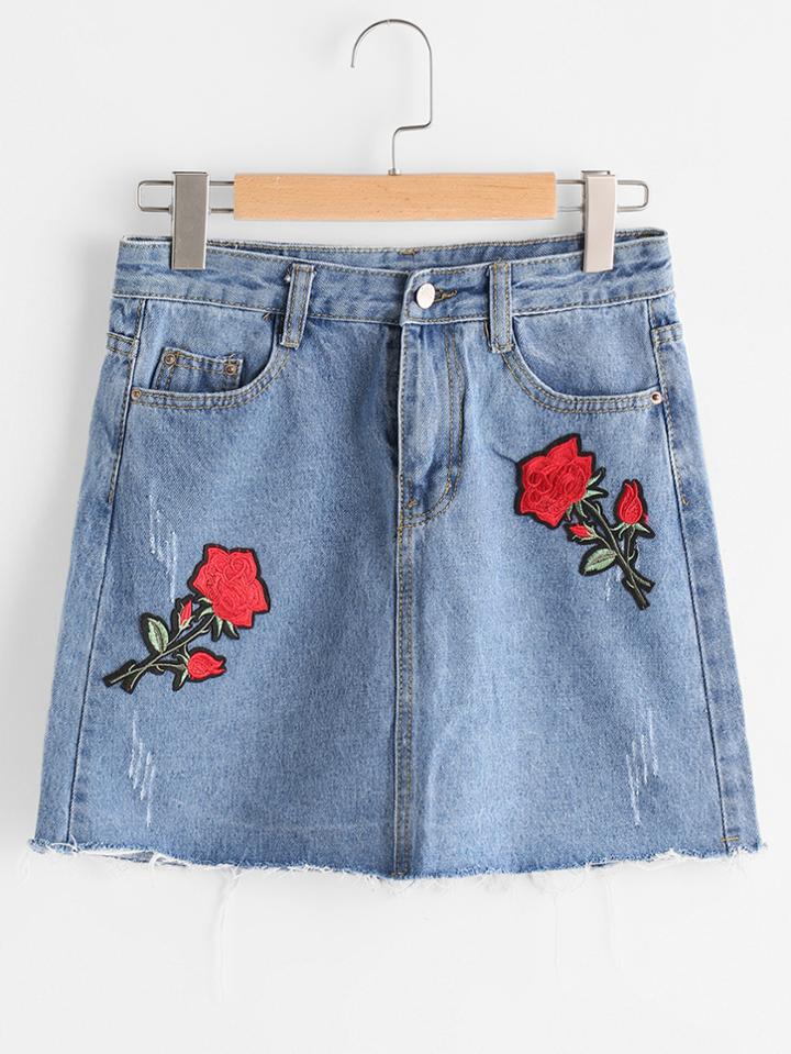 Romwe Frayed Hem Denim Skirt With Flower Patches