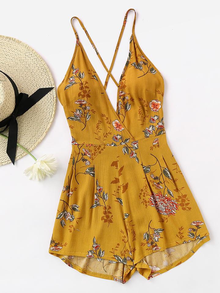 Romwe Floral Print Criss Cross Open Back Surplice Romper