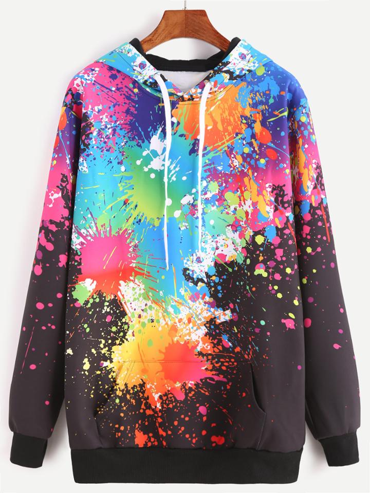 Romwe Black Paint Splatter Print Drawstring Pocket Hoodie