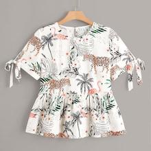 Romwe Plus Tropical And Animal Print Peplum Hem Blouse