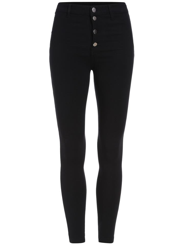 Romwe Black Skinny Buttons Elastic Pant