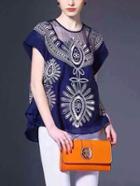 Romwe Embroidery Loose-fit Top With Cami - Blue