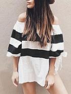 Romwe Contrast Striped Off The Shoulder Tie Sleeve Top