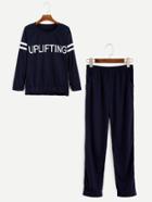 Romwe Navy Letter Print Varsity Striped Top With Pants