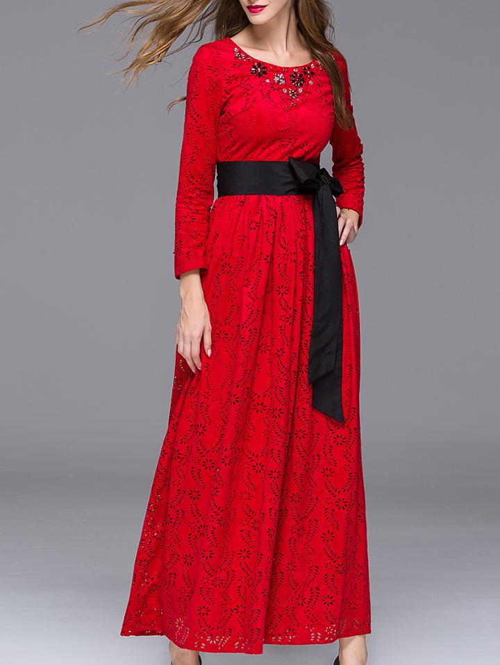 Romwe Red Round Neck Long Sleeve Hollow Beading Tie-waist Dress