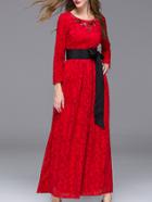 Romwe Red Round Neck Long Sleeve Hollow Beading Tie-waist Dress