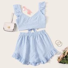 Romwe Gingham Ruffle Tie Back Cami Top With Shorts