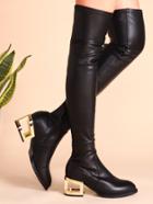 Romwe Black Pu Side Zipper Thigh High Boots With Cut Out Heel