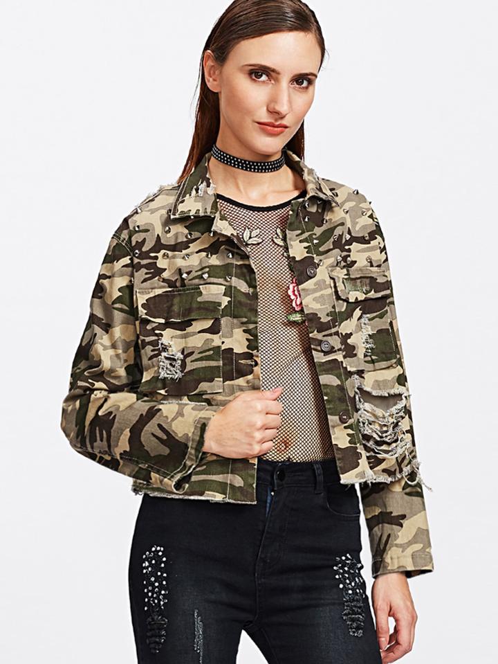 Romwe Rivet Detail Distressed Camouflage Jacket