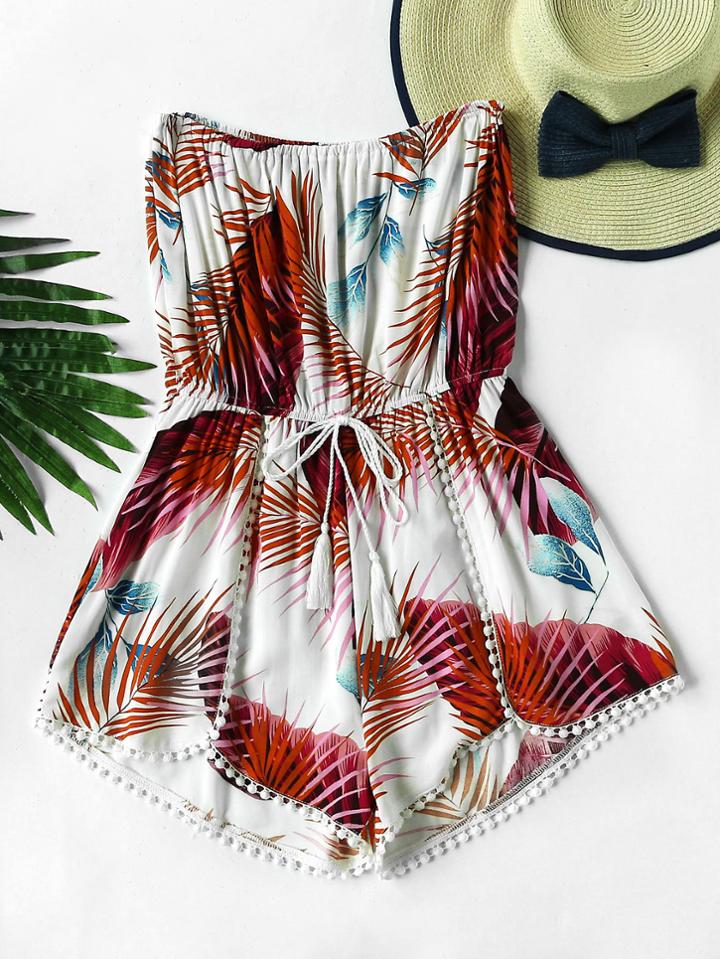 Romwe Leaf Print Random Drawstring Waist Bandeau Romper