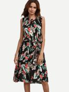 Romwe Black Tropical Print Self Tie Ruffled Dress