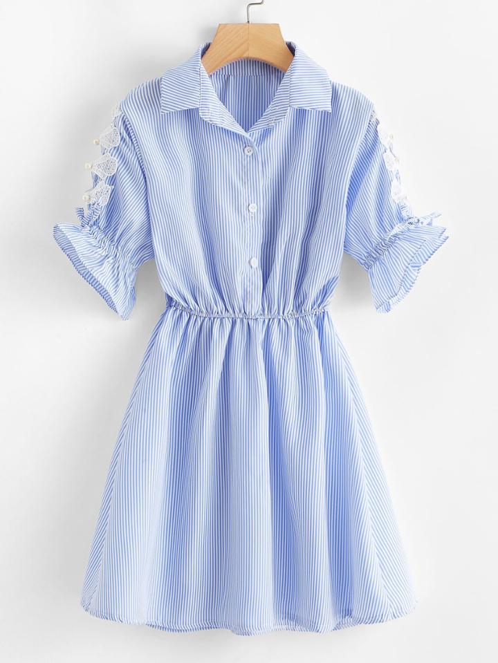 Romwe Lace Trim Fluted Sleeve Striped Dress