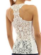 Romwe White Hollow Out Crochet Y-back Top