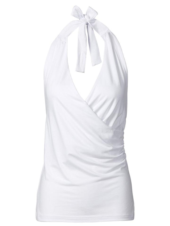 Romwe White Surplice Front Ruched Halter Neck Top