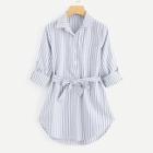 Romwe Tie Waist Button Deatsil Striped Shirt Dress