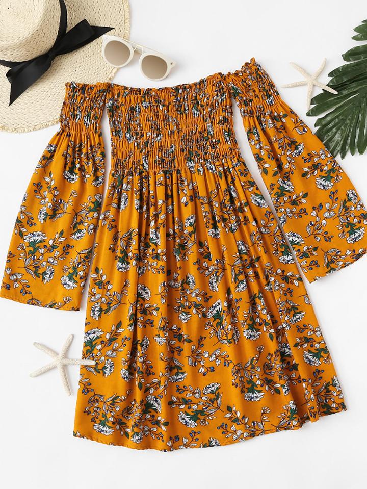 Romwe Off Shoulder Floral Print Pleated Dress
