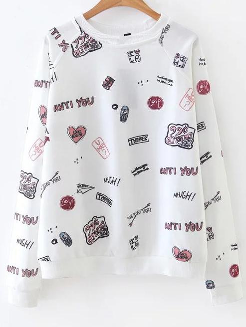 Romwe White Printed Raglan Sleeve Ribbed Trim Sweatshirt