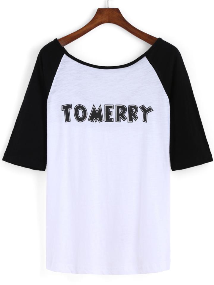 Romwe Raglan Sleeve Letter Print Black T-shirt
