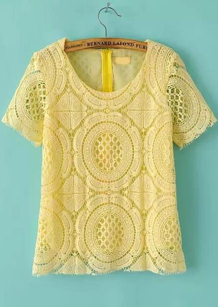 Romwe Short Sleeve Lace Crochet Yellow Top