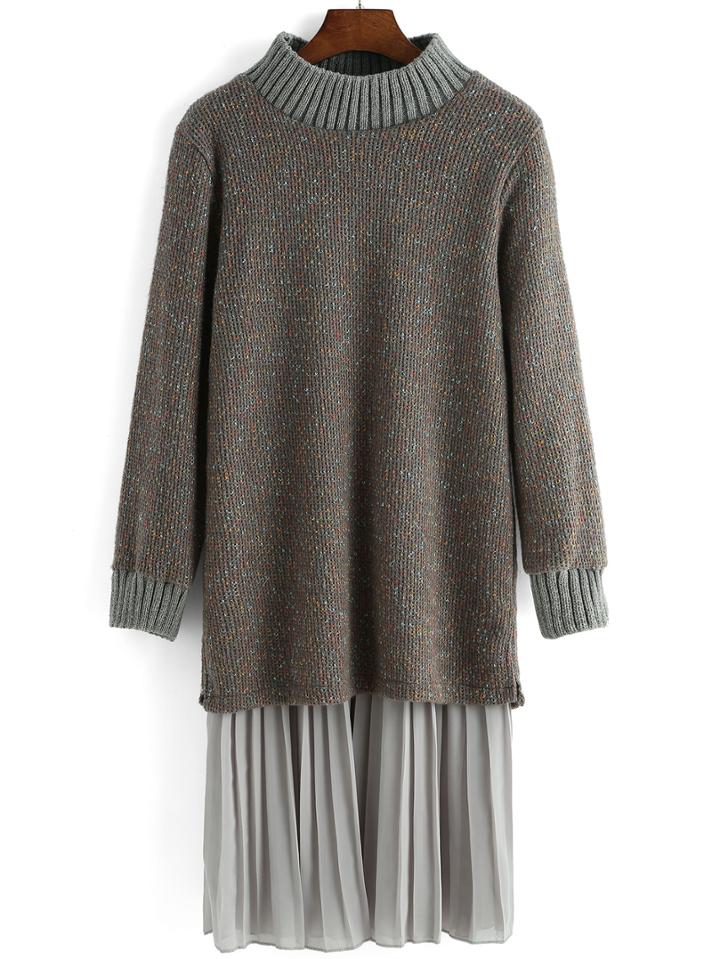 Romwe Contrast Chiffon Hem Split Grey Sweater Dress