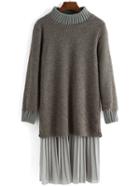Romwe Contrast Chiffon Hem Split Grey Sweater Dress