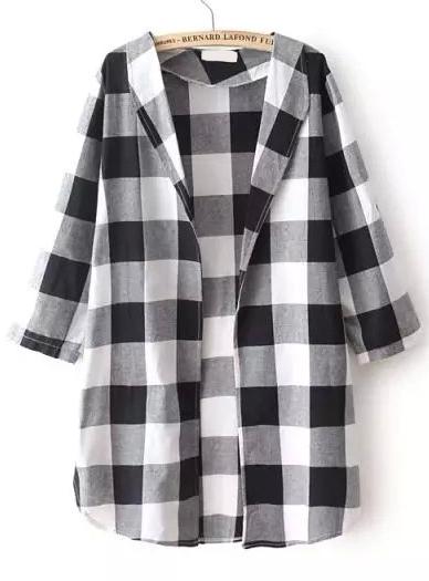 Romwe Check Print Loose Black And White Coat