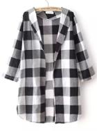 Romwe Check Print Loose Black And White Coat